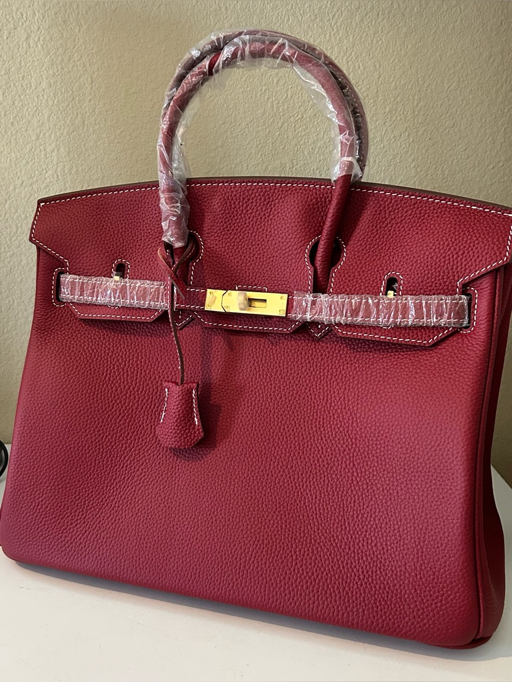 35cm Burgundy Top Handle Belted Leather Satchel BK Style